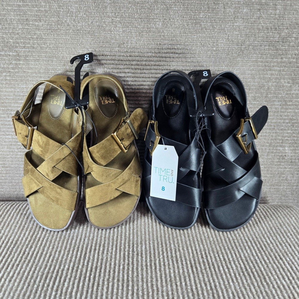 Time and Tru Women 8 Black Olive X Band Buckle Memory Foam Sandals Bundle